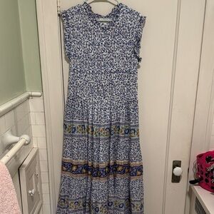 Calypso st barths Blue and White smocked Maxi dress- size XL